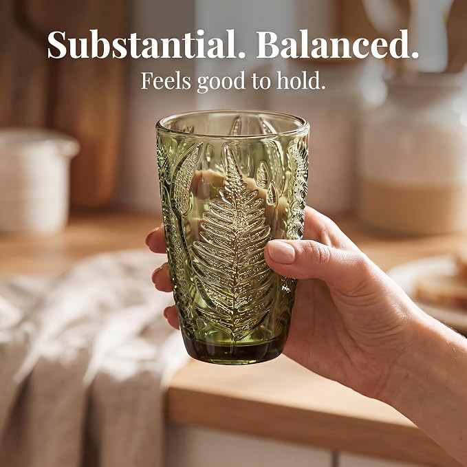 Green Drinking Glasses Set of 4, 12 oz Vintage Hand-Pressed Glass Cups, Fern Textured Highball Tumblers, Antique Style Boho Glassware for Water, Juice, Cocktails & Mocktails, Housewarming Gift Set