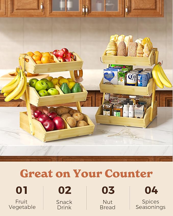 Sevenblue 3 Tier Wooden Fruit Basket with 2 Mobile Banana Holders, 3 Pack L-Shaped Pull Out Under Sink Organizers