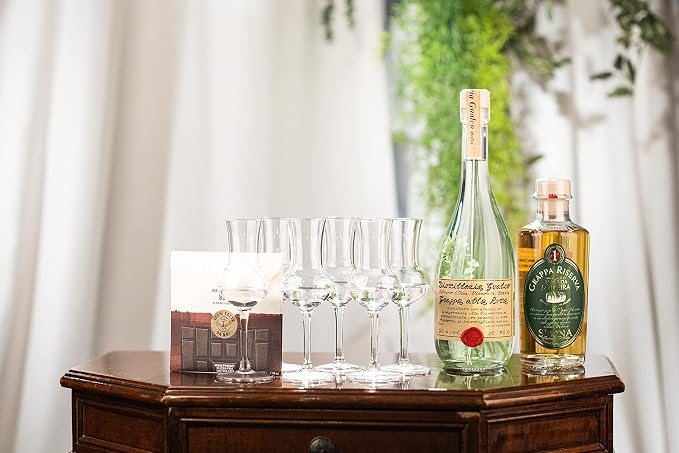 Crystal Grappa and Cordial Glasses | Set of 6 | Small 3 oz Long Stemmed Spirit Glassware for Liqueur, After Dinner Drink, Aperitif, Digestive | Italian Tulip Shaped Liquor Stemware for Nosing, Sipping