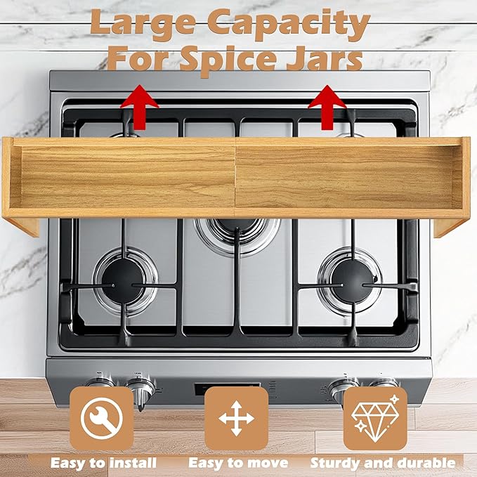 Over The Stove Shelf, Wood Stove Top Shelf,31.5" Stove Top Organizer Shelves with 6 Hooks,11.5" Height Over Stove Spice Rack for Kitchen, Oak