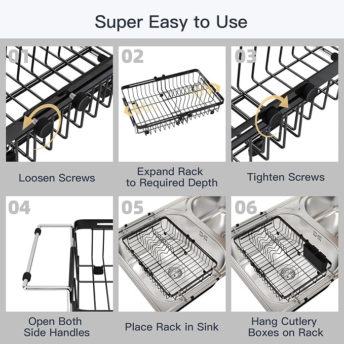 MAJALiS Dish Drying Rack Over The Sink with Utensil Holder | Expandable Stainless Steel Dish Drainer for Small Kitchen, Apartment, RV, Counter Space Saving, Perfect Fit, Rustproof