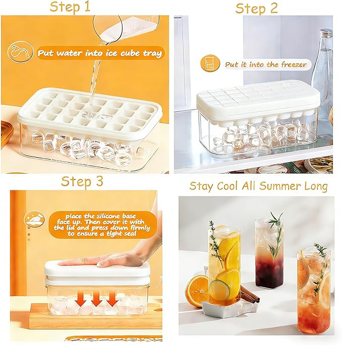 Ice Cube Tray - Freezer Ice Tray Ice Mold Ice Maker for Drinks Whiskey Beer Cocktail Coffee, Transparent Sealed Lid Design for Keep Ice Clean, With Tweezers and 2 Ice Trays Storage（White）