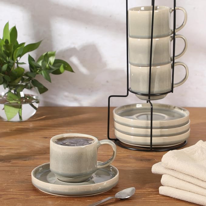 Gibson Elite Sunrise Hills 9-Piece Stackable Stoneware Cup and Saucer Set with Metal Rack, 6 oz, Service for 4, Dishwasher and Microwave Safe, Gray