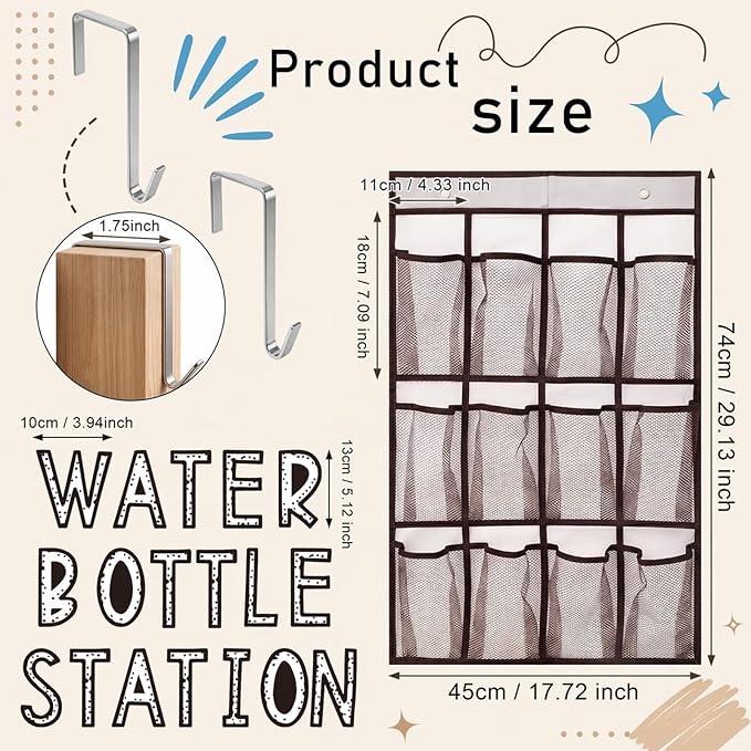 Eaasty 2 Pack Water Bottle Holder Organizer with Water Bottle Station Stickers, 29.13" x 17.72" Mesh Pocket Storage for Classroom Door Hanging Organizer Includes Hooks for Back to School Supplies