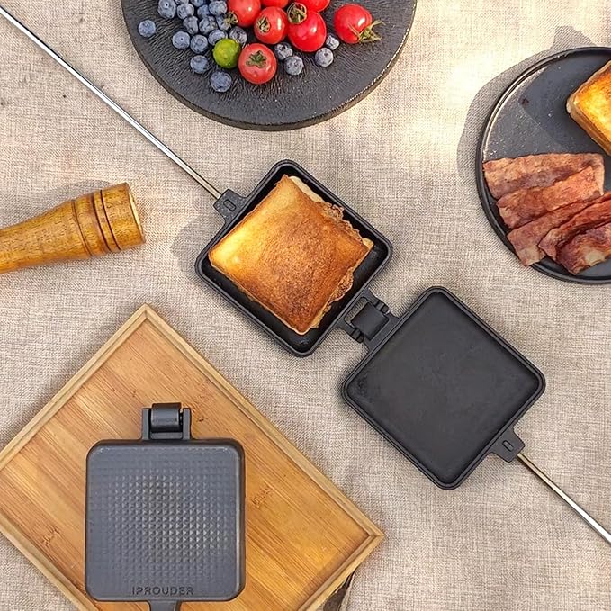 Campfire Pie Iron 4.9" Large Cast Iron Sandwich Maker for Camping 2 Pcs with Storage Bag - 22.6 inch Thickened Handles - Campfire Cooking Equipment for Grilling & Outdoor Cooking
