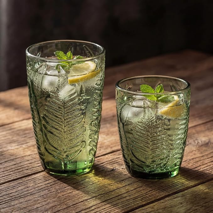 Green Drinking Glasses Mixed Set of 8, 12 oz Highball & 10 oz Lowball Hand-Pressed Glass Cups, Fern Embossed Textured Tumblers, Colored Vintage Glassware for Water, Cocktails, Juice, Housewarming Gift