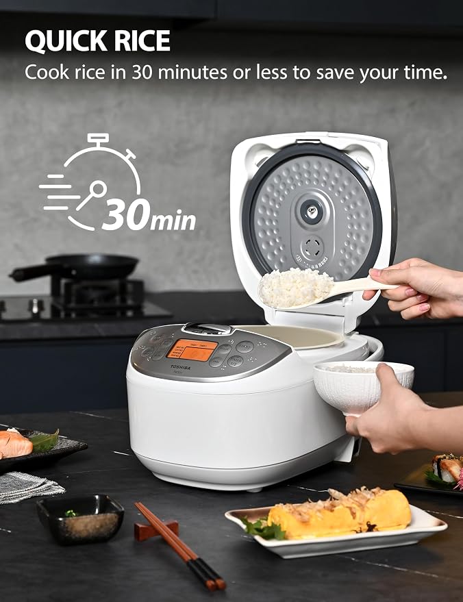 Toshiba Rice Cooker 6 Cup Uncooked – Japanese Rice Cooker with Fuzzy Logic Technology, 7 Cooking Functions, Digital Display, 2 Delay Timers and Auto Keep Warm, Non-Stick Inner Pot, White