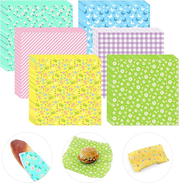 480Pcs Wax Paper Dry Waxed Deli Paper Sheets 12x12 inch Sandwich Wrap Paper Floral Parchment Sheets Basket Liner Food Paper Sheets for Carnival Mother's Day Home Kitchen Picnic Spring Summer Tea Party