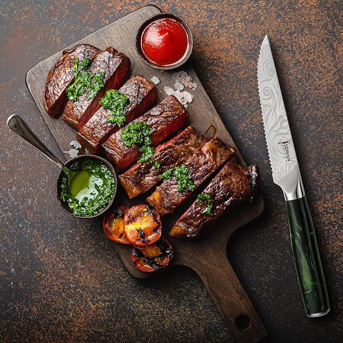 SENKEN Engraved Japanese Kitchen Knife Set with Beautiful Green Resin Wood Handles - Wasabi Collection - Chef's Knife, Bread, Cleaver, Paring, & More (16-Piece Knife Block Set)