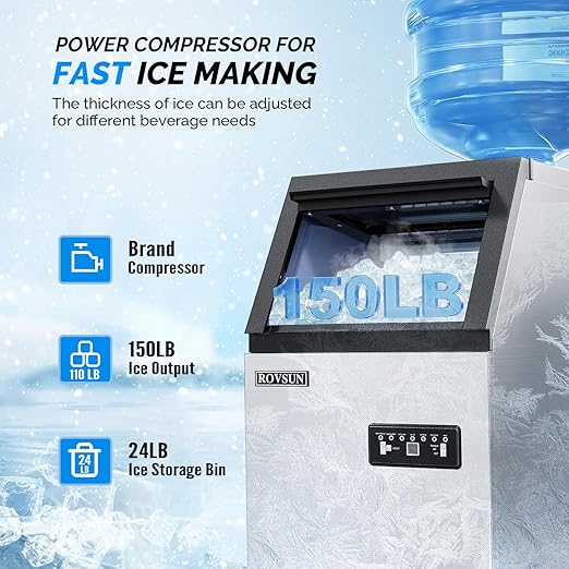 ROVSUN Stainless Steel Commercial Ice Maker Machine, Make 150lbs/24h, 24lbs Storage,Under Counter/Freestanding Automatic Ice Machine for Home Restaurant Bar Cafe