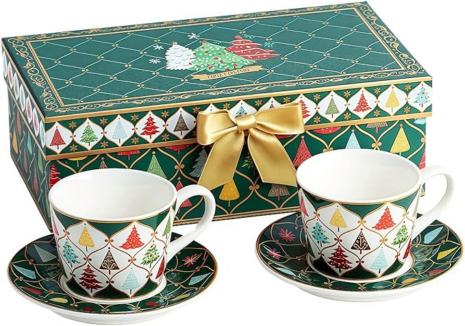 Espresso Cups and Saucers Set of 2, 4 oz Ceramic Small Coffee Mug with Handle,Green Gold Festive Tree Pattern for Tea, Latte, Cafe, Microwave & Dishwasher Safe, Decorative Holiday Gift Box