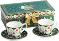 Espresso Cups and Saucers Set of 2, 4 oz Ceramic Small Coffee Mug with Handle,Green Gold Festive Tree Pattern for Tea, Latte, Cafe, Microwave & Dishwasher Safe, Decorative Holiday Gift Box