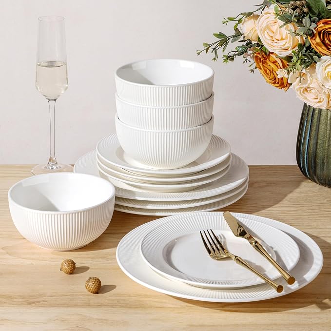 TheTerra Stoneware Dinnerware Sets for 4, 12 Pieces Ceramic Plates and Bowls Sets, Scratch Resistant Embossed Dish Set, Oven, Microwave & Dishwasher Safe, Bright White