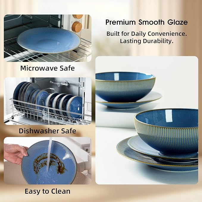 Dinnerware Sets for 4, 12 Piece Stoneware Plates and Bowls Sets, Ribbed Texture, Scratch Resistant Dish Set, Microwave and Dishwasher Safe, Blue
