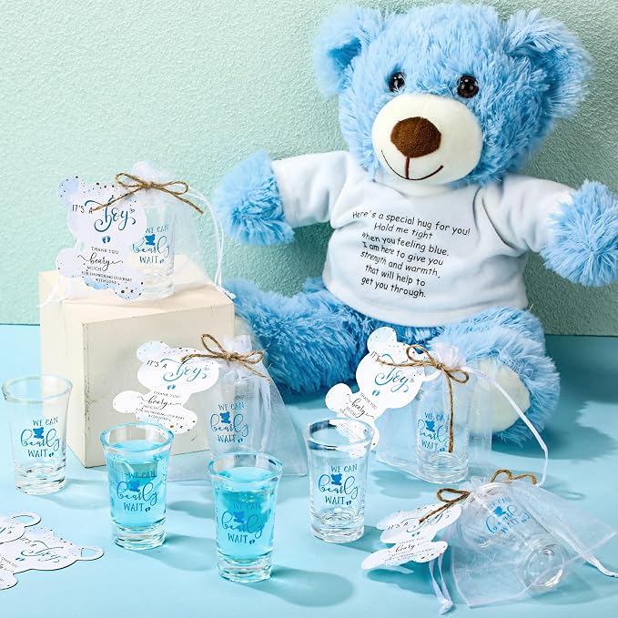 Pickmesh 25 Sets Baby Shower Favor for Guests Include Bear Boy Acrylic Clear Shot Glasses Thank You Cards Organza Bags Babies Shower Gifts for Gender Reveal Party Supplies
