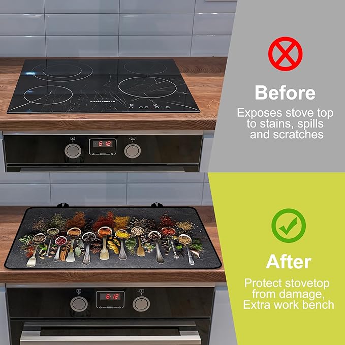 Glass Stove top Cover 28"x 20", Stove Top Covers for Electric Stove, Flat Range Mat for Glass Cooktop, Kitchen Heat-Resistant Protector Non-Slip Drying Mat (Herbs Spices)