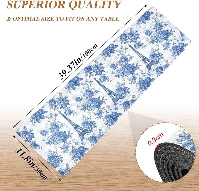 2 in 1 Table Runner Trivet for Hot Pots and Pans Heat Resistant Non Slip Waterproof 39 x 12 Inch Decorative Table Protector for Kitchen Countertop Blue Roses and Eiffel Tower