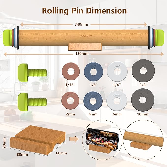 Rolling Pin with Adjustable Thickness Rings and Pastry Baking Mat Dough Thickness for Baking, Fondant, Pizza, Pie, Cookies, Pastries, 13.6" with 4 Multi-Color Thickness Rings and Wooden Stand
