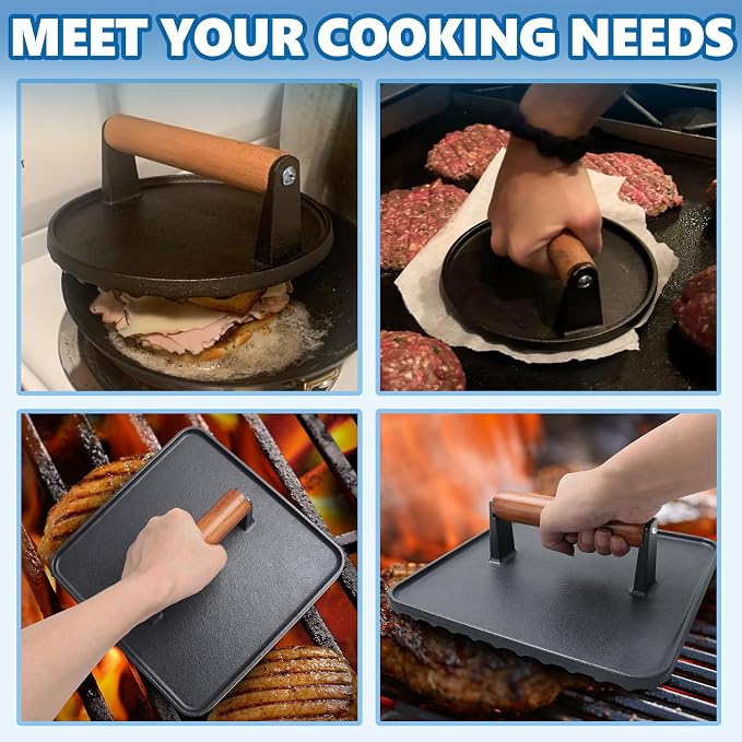 SafBbcue 10" Square Bacon Press & 7" Round Meat Press, Heavy Duty Cast Iron Griddle Press Smash Burger Press Compatible with Blackstone Flat Top Griddle Grills