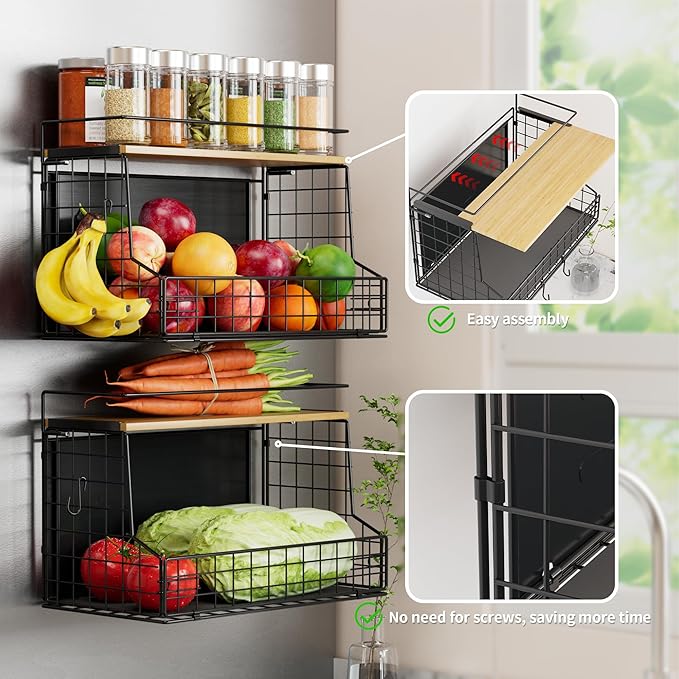 TIDIIABODE Magnetic Shelf for Fridge 2 Pack, Large Container Magnetic Spice Rack for Refrigerator, Fruit Potato and Onion Storage Bins, Magnetic Basket with Wood Lid, Kitchen Counter, Cabinet