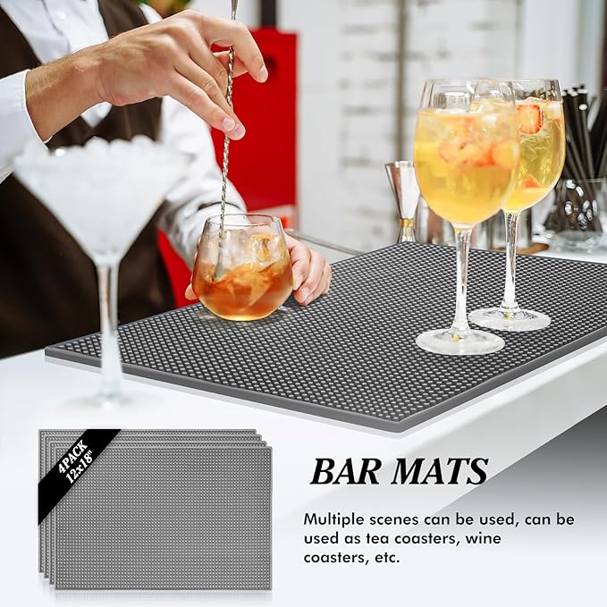 4 Pcs Bar Mat for Countertop Bartending Gray Rubber Silicone Bar Mat for Home Bar Coffee Large Particle Non-Slip Mat for Kitchen