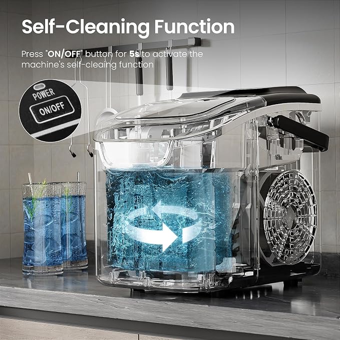 Countertop Ice Maker Machine – 8 Bullet Ice in 6 Mins, 26.5lbs/24Hrs Output – Self-Cleaning Portable Design with Selectable Ice Size & Touch Display for Home/Office/Bar