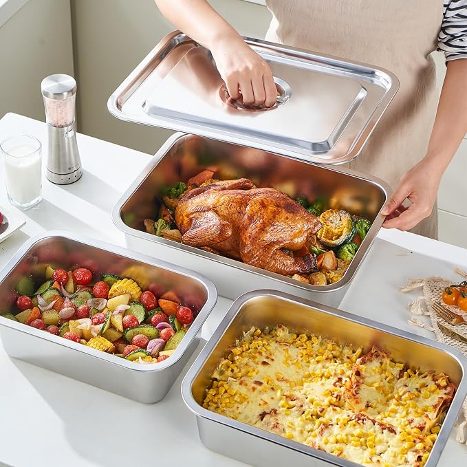 4-Piece 4 Inch Extra Deep Lasagna Baking Pan with Lid, 11x14 Inch 7.4QT Large Stainless Steel Nonstick Lasagna Baking Roasting Pans Casserole Dishes for Oven with Lids(M, 2 Pack)