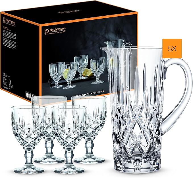 Nachtmann Noblesse 5 Piece Set, Pitcher and 4 Stemmed Glasses, Clear | Glass