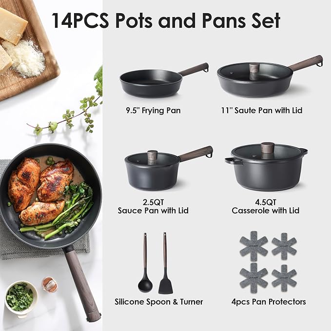 SENSARTE 14 Pcs Pots and Pans Set Non stick, Non toxic Healthy Cookware Set, Induction Kitchen Cooking Set, PFOA/PFOS Free, Black