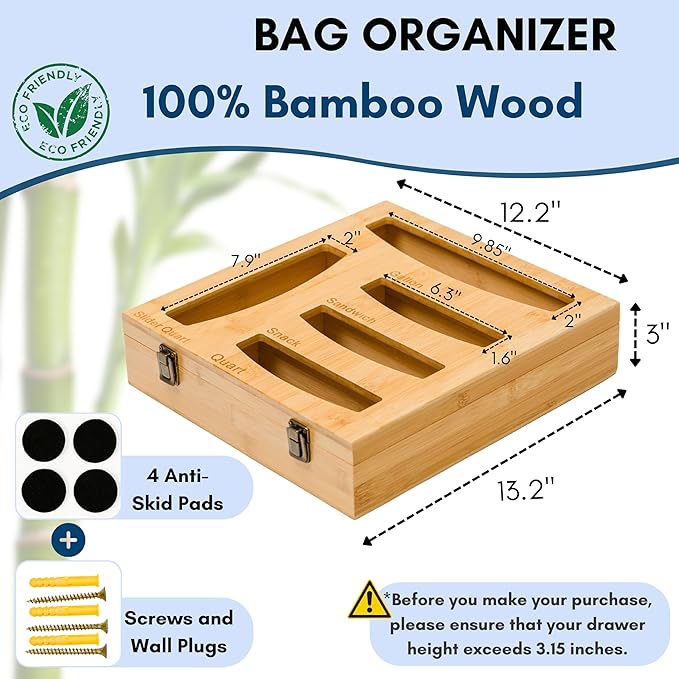 Storage Bag Holder, Baggie Organizer for Drawer or Wall Mount, Compatible with Gallon, Quart, Sandwich, Snack Size Bags, 1 Box 5 Slots, Bamboo Drawer Organizer, Baggie Holder