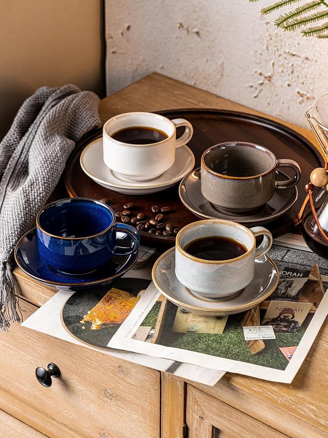 Gomakren 6 Ounce Cappuccino Cups with Saucers and Metal Stand, Stackable Coffee Cup Set of 4, Father's Day Porcelain Espresso Cups for Coffee Drinks, Cappuccino, Latte, Americano, Tea, Cobalt Blue