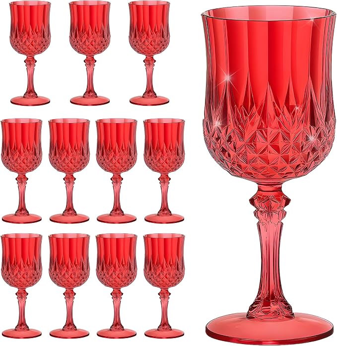 7OZ Plastic Wine Glasses, Reusable Vintage Goblets Unbreakable Drinking Glasses Crystal Water Cups Champagne for Wedding, Parties (12, Red)