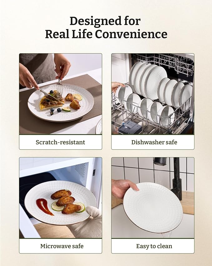 Famiware Eden Embossed Plates and Bowls Sets, Stoneware Dinnerware with Gold Trim, 18-Piece Luxury Dishes for 6, Everyday & Formal Use, Chip/Scratch Resistant, Microwave/Dishwasher Safe, White Circle
