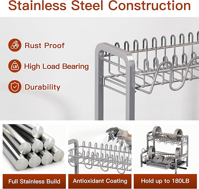 2 Tier Dish Drainer Drying Rack for Kitchen Counter, Large Stainless Steel Dishes Dryer with Drainboard, Space Saving, Big Rustproof Metal Modern Countertop Plates Strainer with Utensil Holder, Sliver