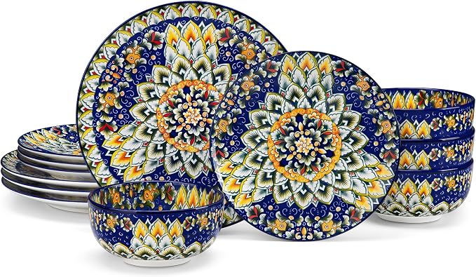 vancasso 12 Pieces Dinnerware Sets, Blue Plates and Bowls Set, Porcelain Dishes Set for 4, Microwave and Dishwasher Safe, Scratch Resistant, Bohemian Style Dining Ware Service for 4, Series SIMI