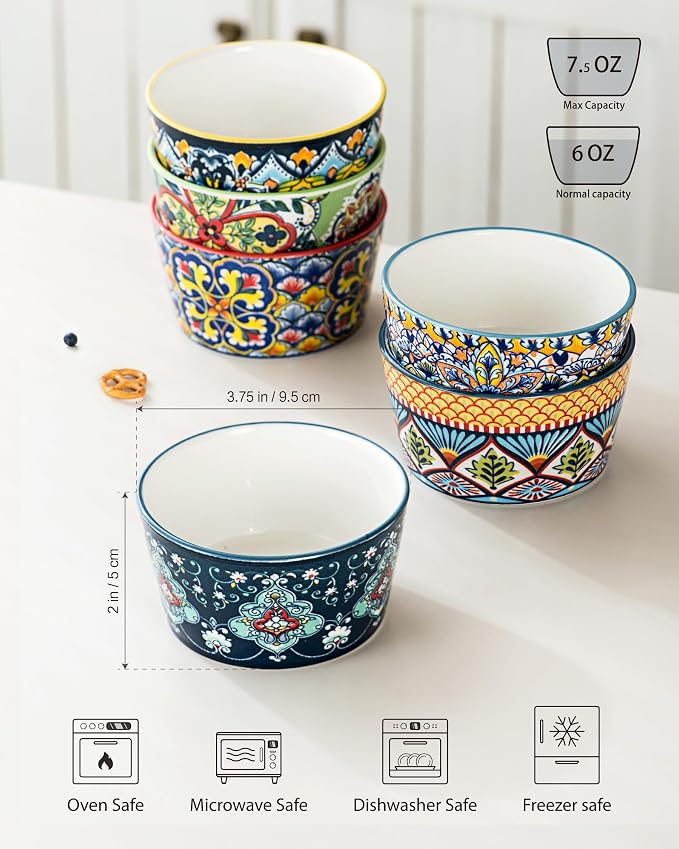 Ramekins Oven Safe for Creme Brulee - Porcelain Pudding Custard Cups 6 oz - Small Serving Bowls for Souffle, Dipping Sauce, Ice Cream, Baking Ramiken Set of 6 - Bohemian Style