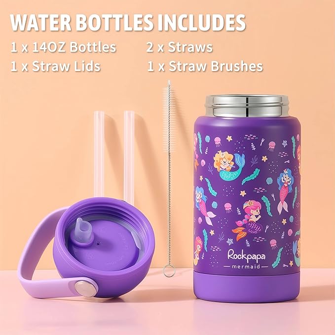 rockpapa Kids Lunch Box Set with 14oz Insulated Water Bottle & Lunch Bag, Leakproof 5.5 Cups Bento Box for School & Children, BPA-Free, Microwave Safe for Boys Girls (Purple Mermaid)