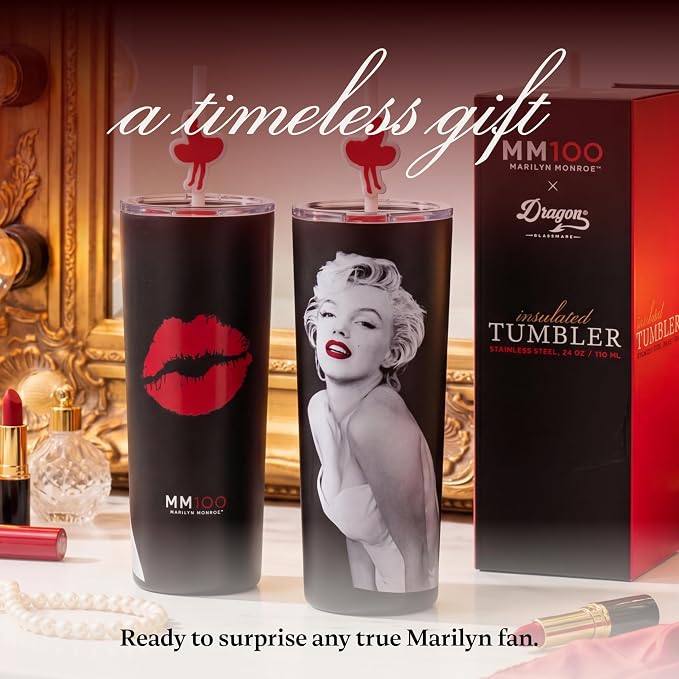 Dragon Glassware x Marilyn Monroe 100th Celebration Tumbler, 24 oz - MM100 | Vacuum Insulated Stainless Steel Tumbler with Straw & Lid; Double Walled Tumbler with Straw Charm; Marilyn Monroe Cup