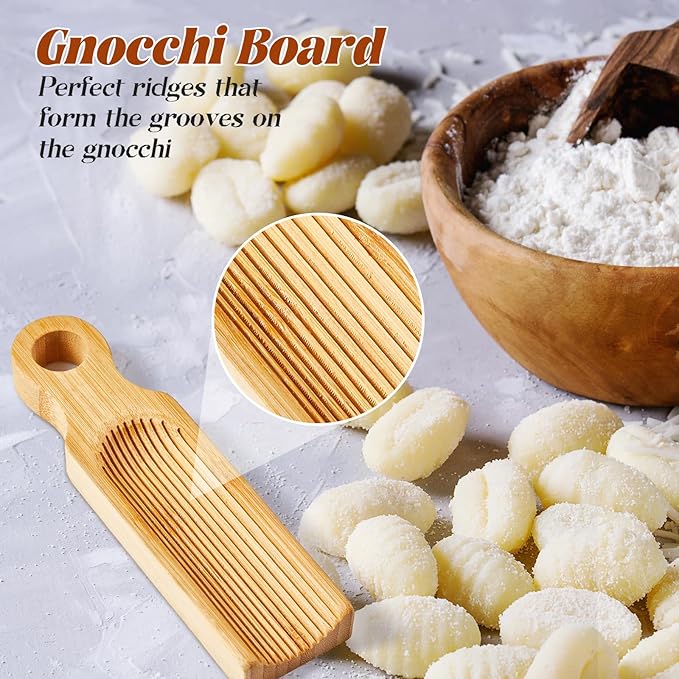 Tioncy 7 Pcs Pasta Making Tool Set Wood Gnocchi Board with Ravioli Stamp Ravioli Maker and Rolling Pin Homemade Gnocco Maker Kitchen Gift for Home Baking Lovers(Curved Gnocchi Board Set)