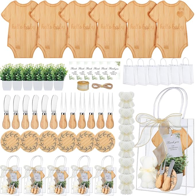 Honeydak 49 Pcs Baby Shower Prizes for Game Players 6 Sets Babysuit Shaped Bamboo Cheese Board Fork Knives Coasters Towel Potted Plant Thanks Card Gift Bag for Baby Bridal Shower Wedding Favors