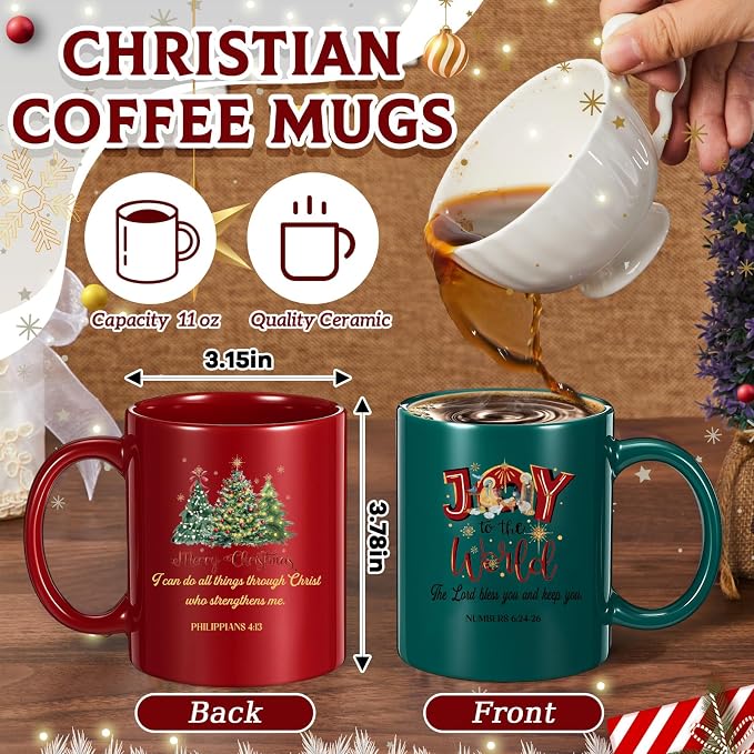 Ziliny 4 Sets Christian Coffee Mugs with Bible Verse Keychains Christmas Christian Gifts for Women & Men, 11oz Ceramic Scripture Coffee Cups Religious Keychains Inspirational Faith Based Church Gift