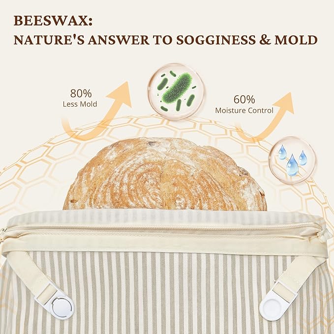 BRONYPRO Beeswax Bread Bags for Homemade Bread Sourdough, 2 Pack Reusable Sourdough Bread Bags with Zipper, Organic Beeswax & Linen Bread Storage, Eco-friendly & Long-latsing,Large 17x12.6in,Beige