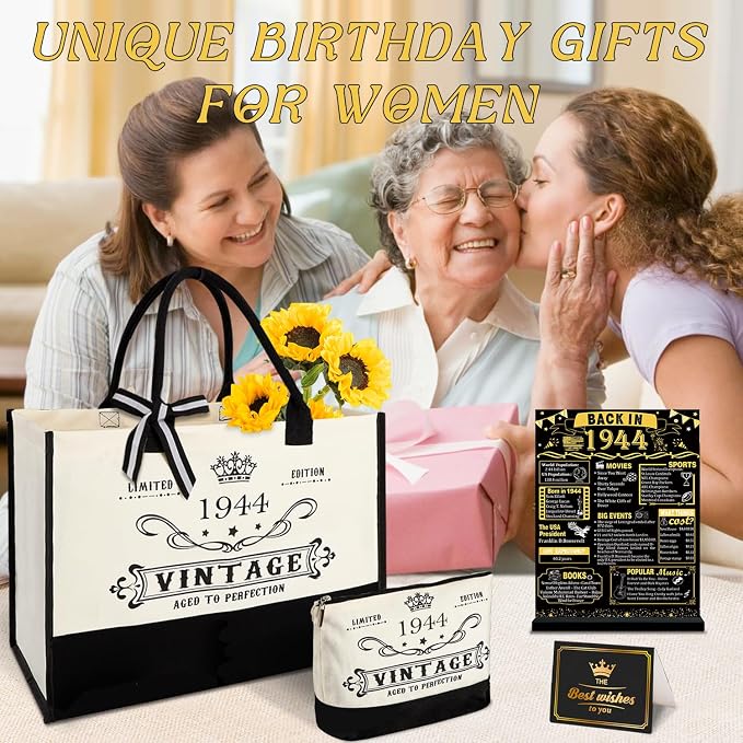 YeohJoy 82nd Birthday Gifts for Women Canvas Tote Bag Travel Gear, Unique 82 Years Old Birthday Gifts for Mom Aunt Friends Wife Sister Her, Vintage 1944 Handbag & Cosmetic Bag & Back in 1944 Poster