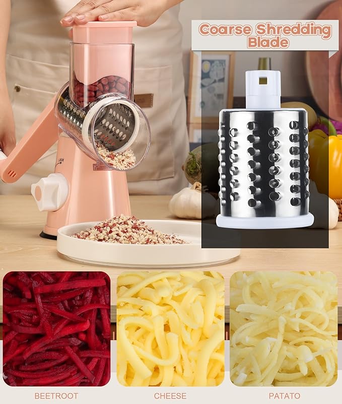 Ourokhome Rotary Cheese Grater Hand Crank, Kitchen Shredder Speed Mandolin Slicer Nuts Grinder with Handle,Vegetable Chopper Onion Cutter with Container, Multifunctional Food Chopper Veggie Dicer with