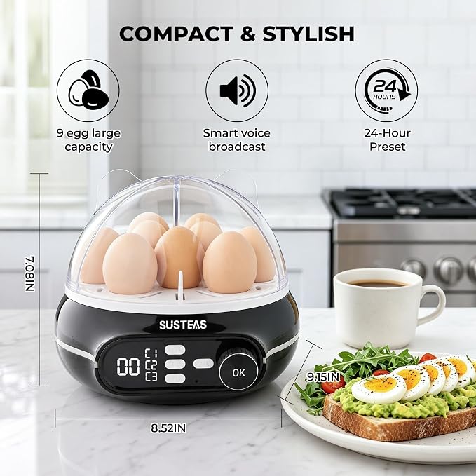 SUSTEAS Breakfast Prep Bundle 9-Capacity Rapid Egg Cooker (Soft/Medium/Hard, Timer, Voice Prompts) and Rotary Cheese Grater (5 Blades, Suction Base, Blade Storage Box) – Premium Black