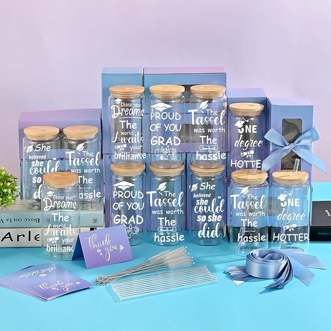 12 Set Graduation Gifts Glass Cups, Congratulations Graduate Cups with Lid Straw, 16oz Can Shaped Beer Glass Cups Inspirational Grad Gifts, College Master's Degree Graduation Party Supplies