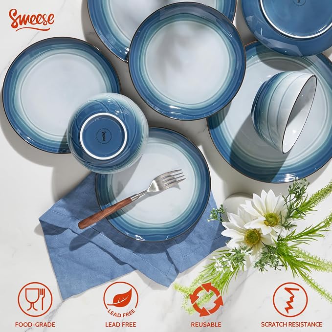 Sweese Porcelain Dinnerware Sets for 6, 18 Pieces Plates and Bowls Sets, Handcrafted Minimalist Dinner Set, Chip and Scratch Resistant Dish Set, Dishwasher & Microwave Safe, Ocean Blue