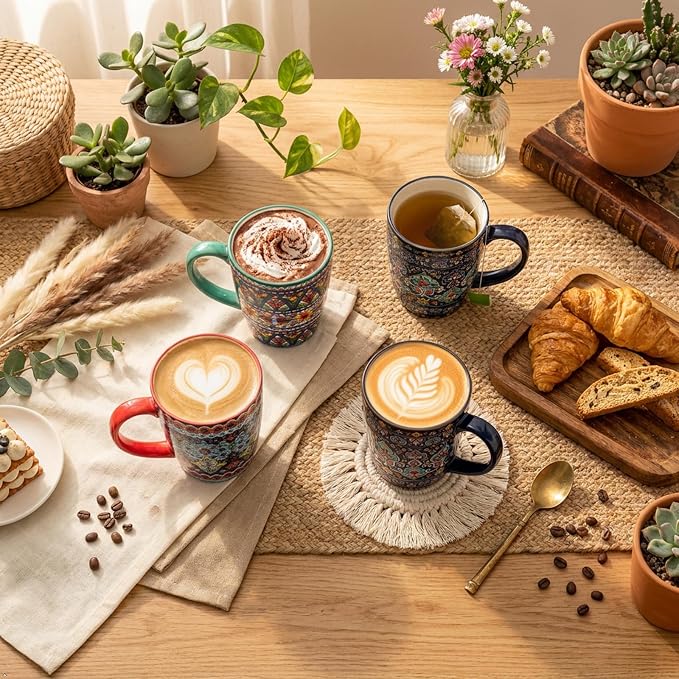 glowworm 16 oz Coffee Mugs Set of 4, Large Ceramic Coffee Cups for Women and Men, Colorful Mugs Set with Handles for Latte, Hot Cocoa, Tea, Dishwasher & Microwave Safe, Bohemian