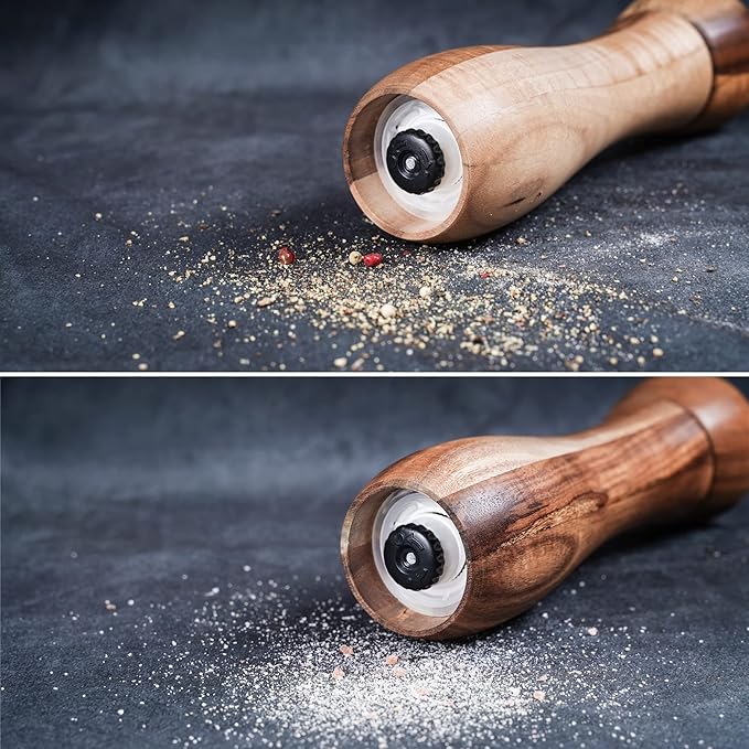 Pepper Mill, Pepper Grinder, Adjustable Ceramic Grinder for Both Pepper and Salt, Acacia Wood, Height 20.5 cm / 8 inch, Dia 6 cm(Tray is NOT Included)
