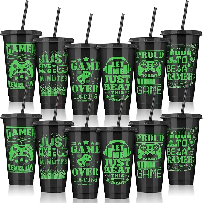Kochorie 12 Pieces Video Game Plastic Cups 24 Ounces Gaming Party Cups with Lids and Straws Black Green Video Game Tumbler Cups for Birthday Party Video Game Party Supplies Tableware